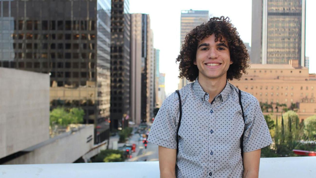 Kellen Browning '20 in front of city backdrop